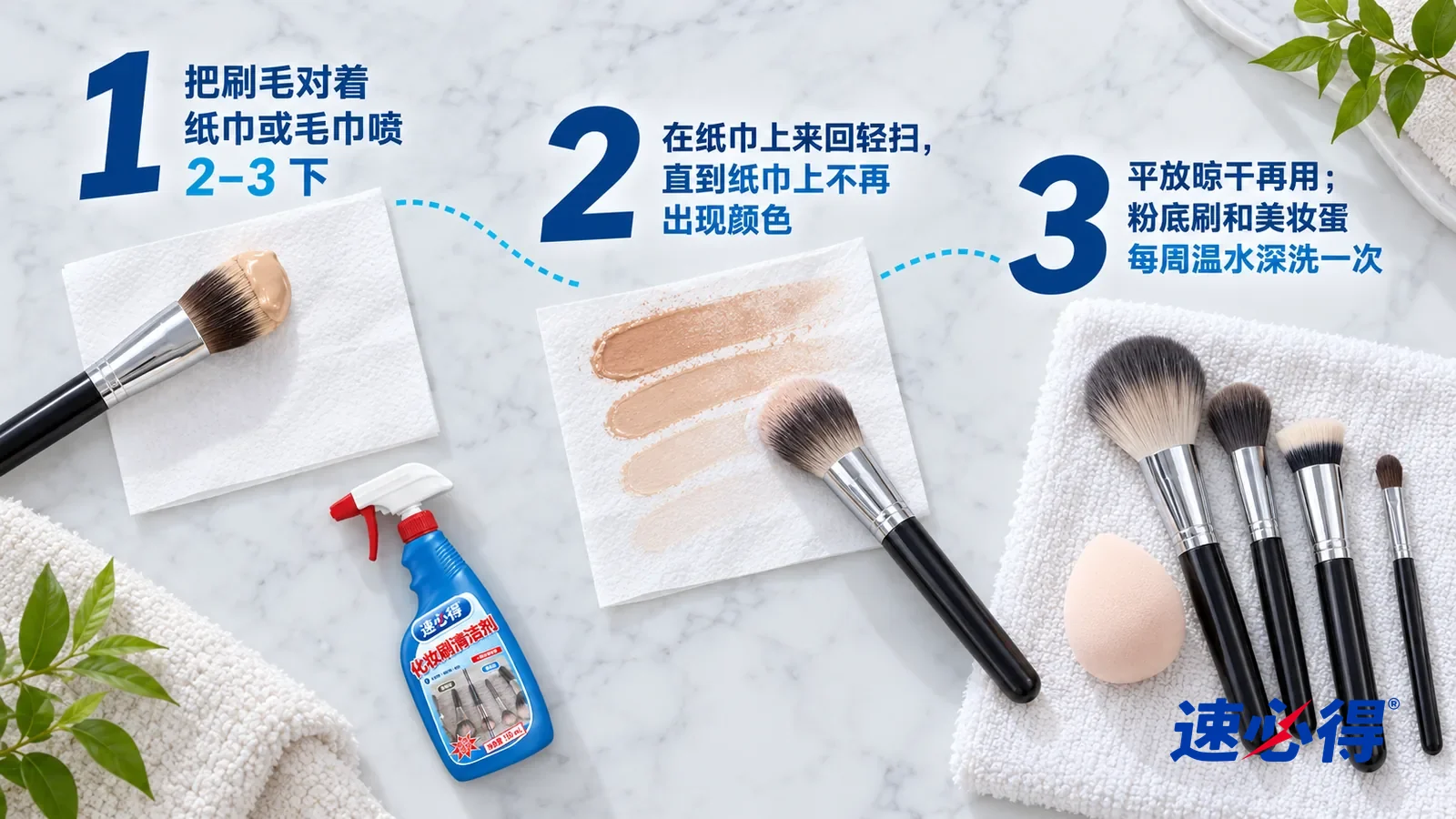 示意图：速必得化妆刷清洁剂——正上方俯拍的浅色大理石台面，不出现瓶子和手：① 一支刷头结着肤色粉底的粉底刷（无品牌标志）和一张平铺的白色纸巾；② 一张印着几道由深到浅肤色