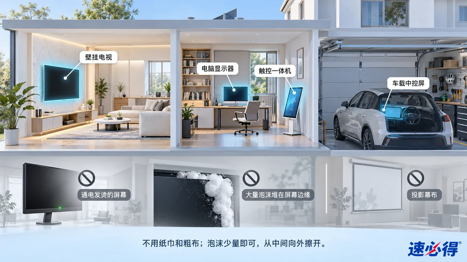 示意图：家居、办公和车内屏幕被突出显示，旁列设备使用注意事项。