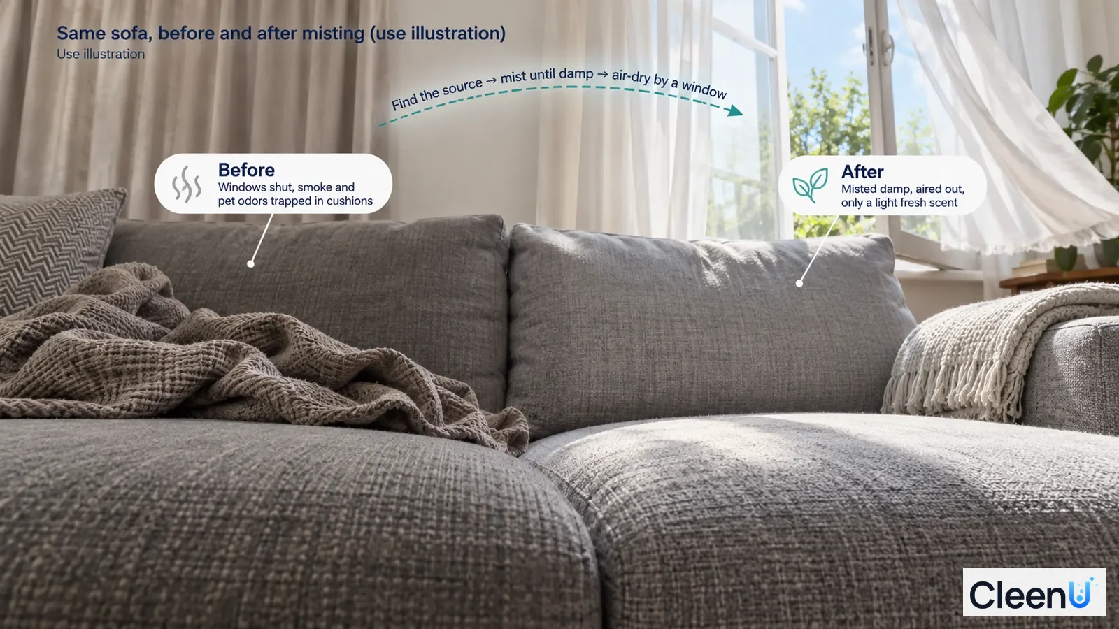 Illustration: A before-and-after odor-treatment concept for a sofa and curtains; smell cannot be verified from the image.