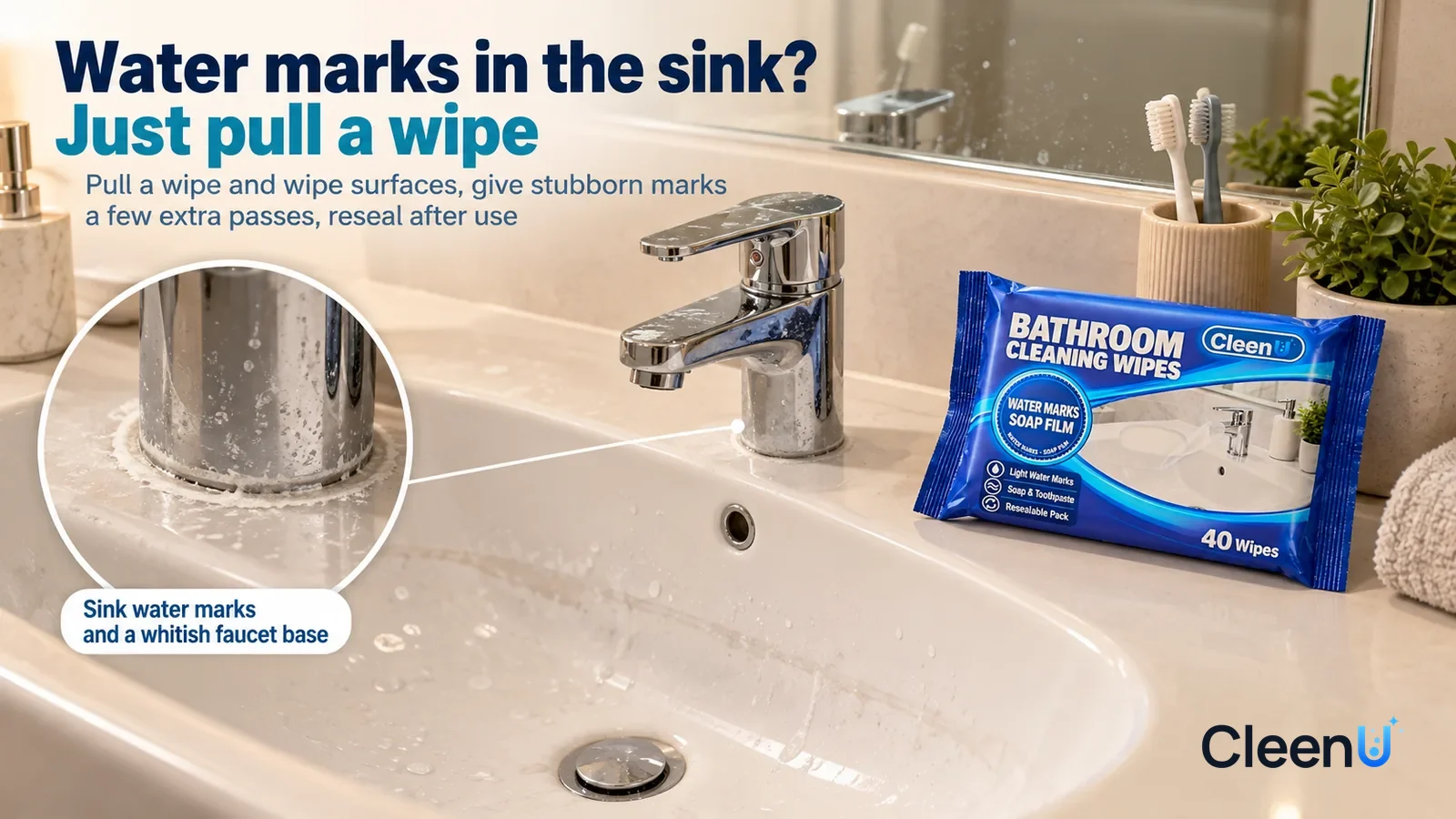 Illustration: CleenU Bathroom Cleaning Wipes — An everyday bathroom after the morning routine, a white one-piece ceramic vanity sink and a chrome faucet; in raking light a pale grey water Headline: "W