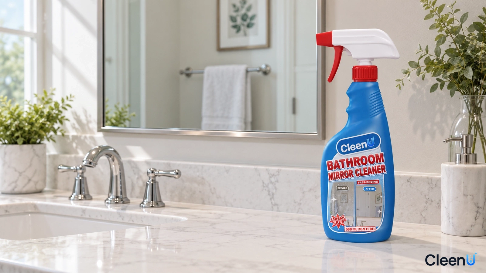 Illustration: A blue cleaner bottle on a bright vanity in front of a mirror.