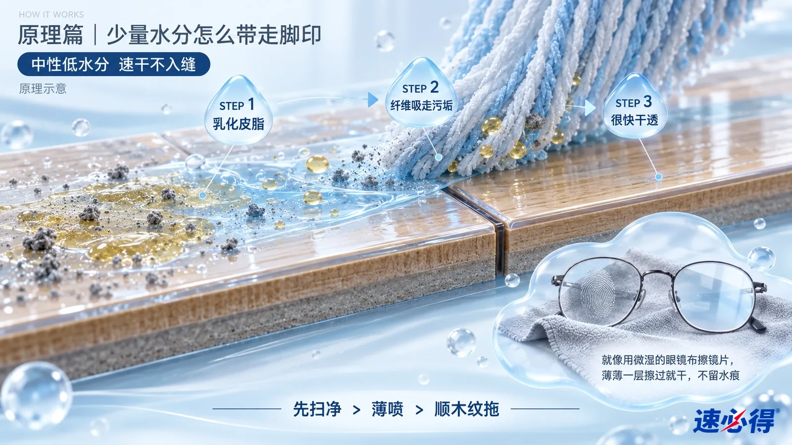 示意图:拼接地板剖面、污垢颗粒、少量液滴和拖布。