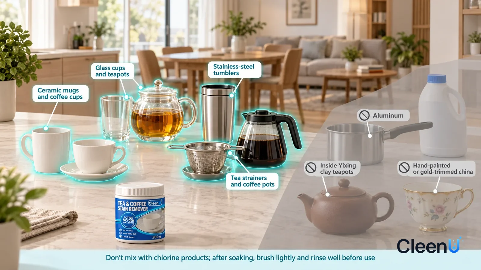 Illustration: CleenU Tea & Coffee Stain Remover — A realistic 3D cutaway of a bright home's kitchen, dining area, and living-room tea table, one continuous space from one viewpoint