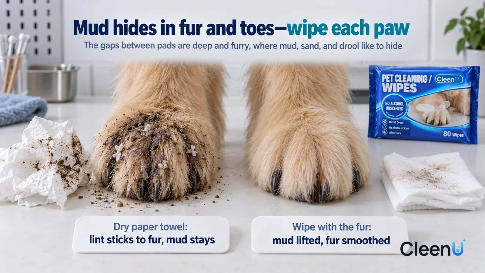 Illustration: CleenU Pet Cleaning Wipes — A landscape medium close-up of a small experiment in a cleaning lab: two identical light golden long-fur swatches (faux pet fur) side by sid Headline: "Mud hi