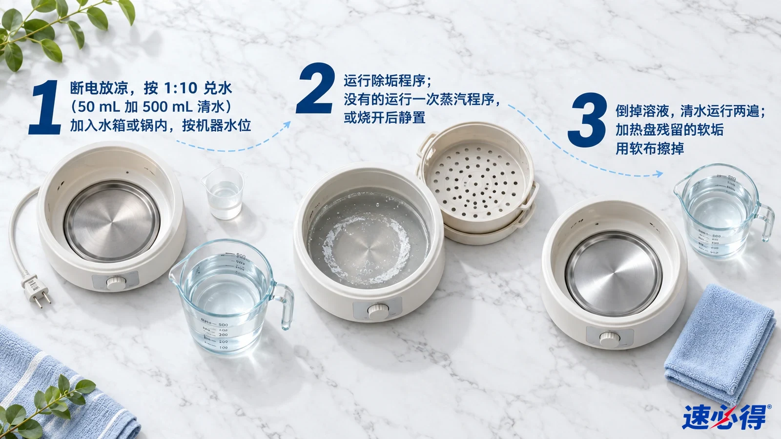 示意图：圆形蒸锅加热盘、透明蒸屉、清水杯和清洁布，配有编号步骤。