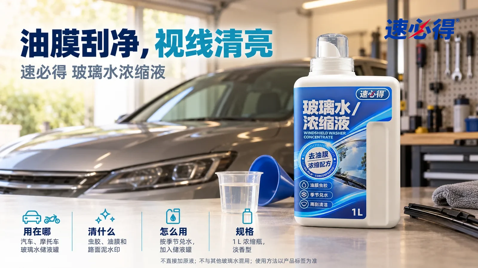 示意图：速必得玻璃水（浓缩液/泡腾片）盖好量杯盖站在画面右侧约三分之一处的车库工作台上，旁边一只小漏斗和一截雨刮片，身后一辆干净的家用轿车车头（无车标，标题“油膜刮净，视线清亮”