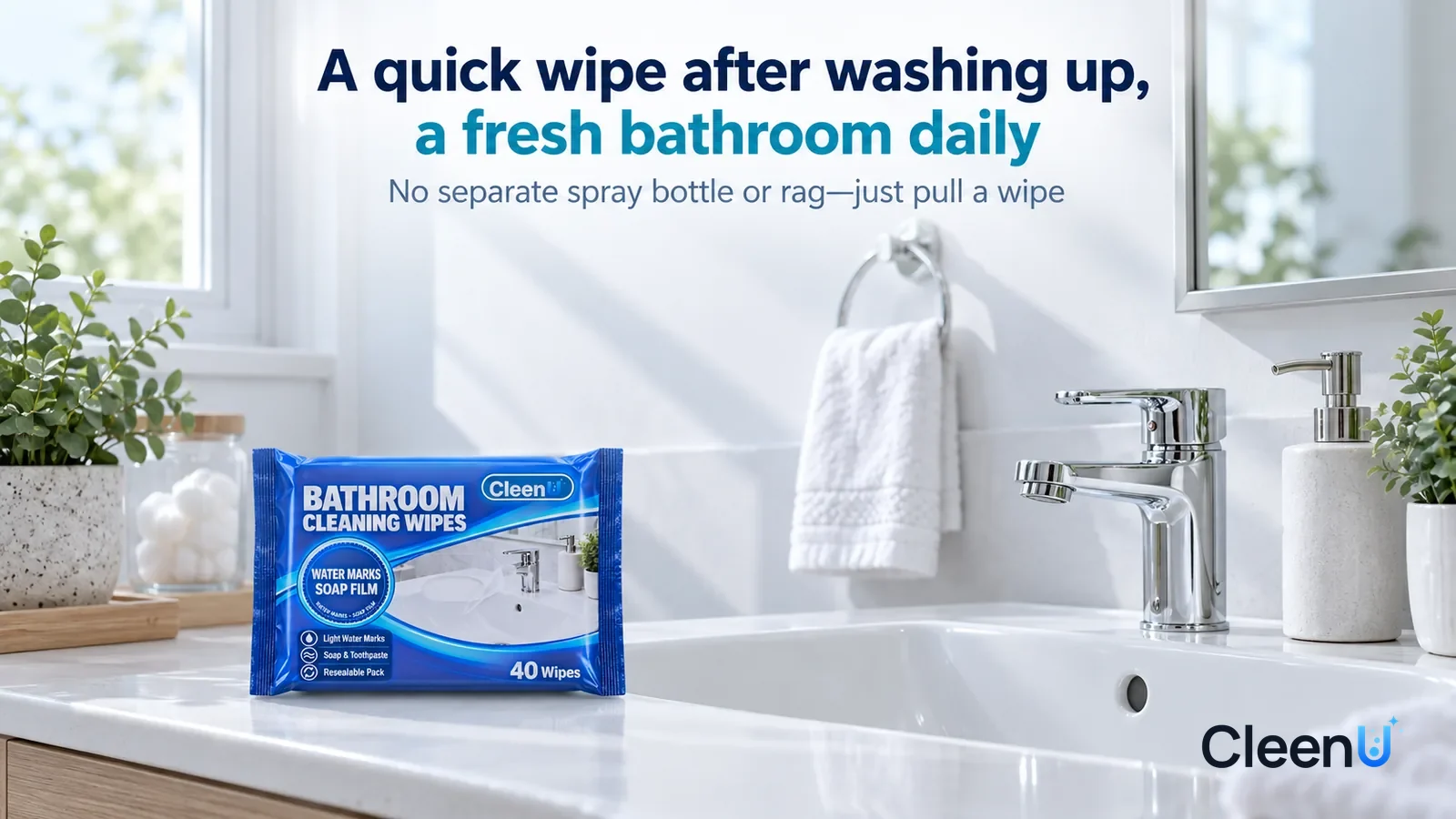 Illustration: CleenU Bathroom Cleaning Wipes — A bright early-morning bathroom, a clean white ceramic sink, a shiny chrome faucet, a clear mirror, a folded white towel hanging nearby Headline: "A quic