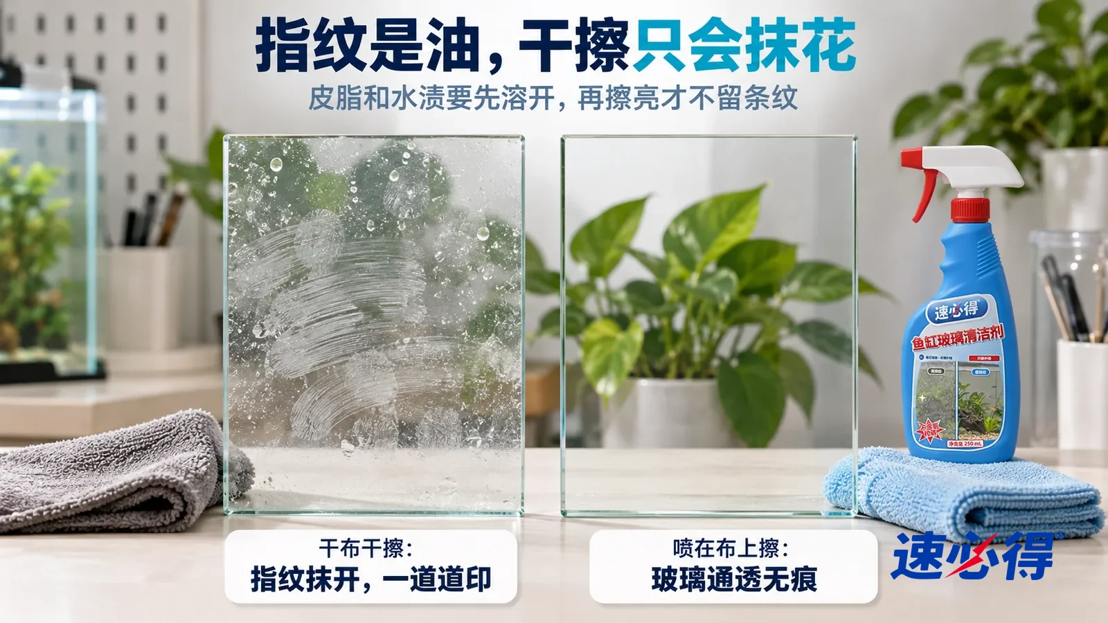 示意图：速必得鱼缸玻璃清洁剂——白色测试台上并排竖立着两块同样的透明玻璃样板，都带着一样的指纹和白色水渍点，标题“指纹是油，干擦只会抹花”