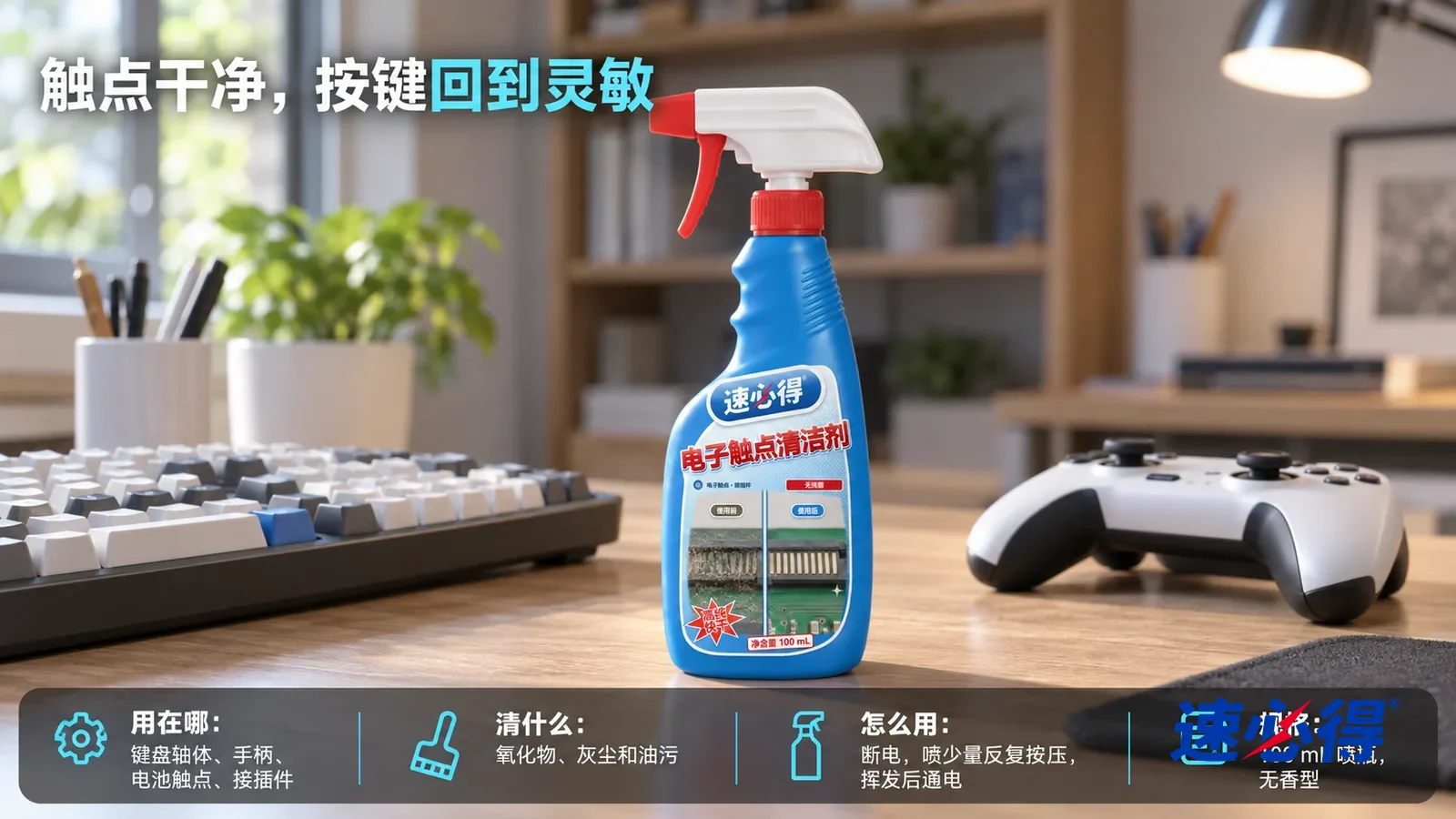 示意图：速必得电子触点清洁剂居中站在书桌上，旁边一把装好键帽的机械键盘和一只游戏手柄（都无品牌标志、不通电），身后书房向画面深处柔和虚化
