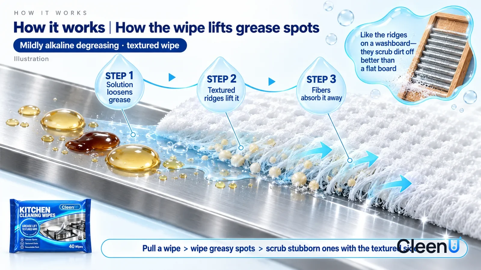 Illustration: CleenU Kitchen Cleaning Wipes — an enormously magnified slice of a stainless-steel stovetop runs diagonally from upper left to lower right