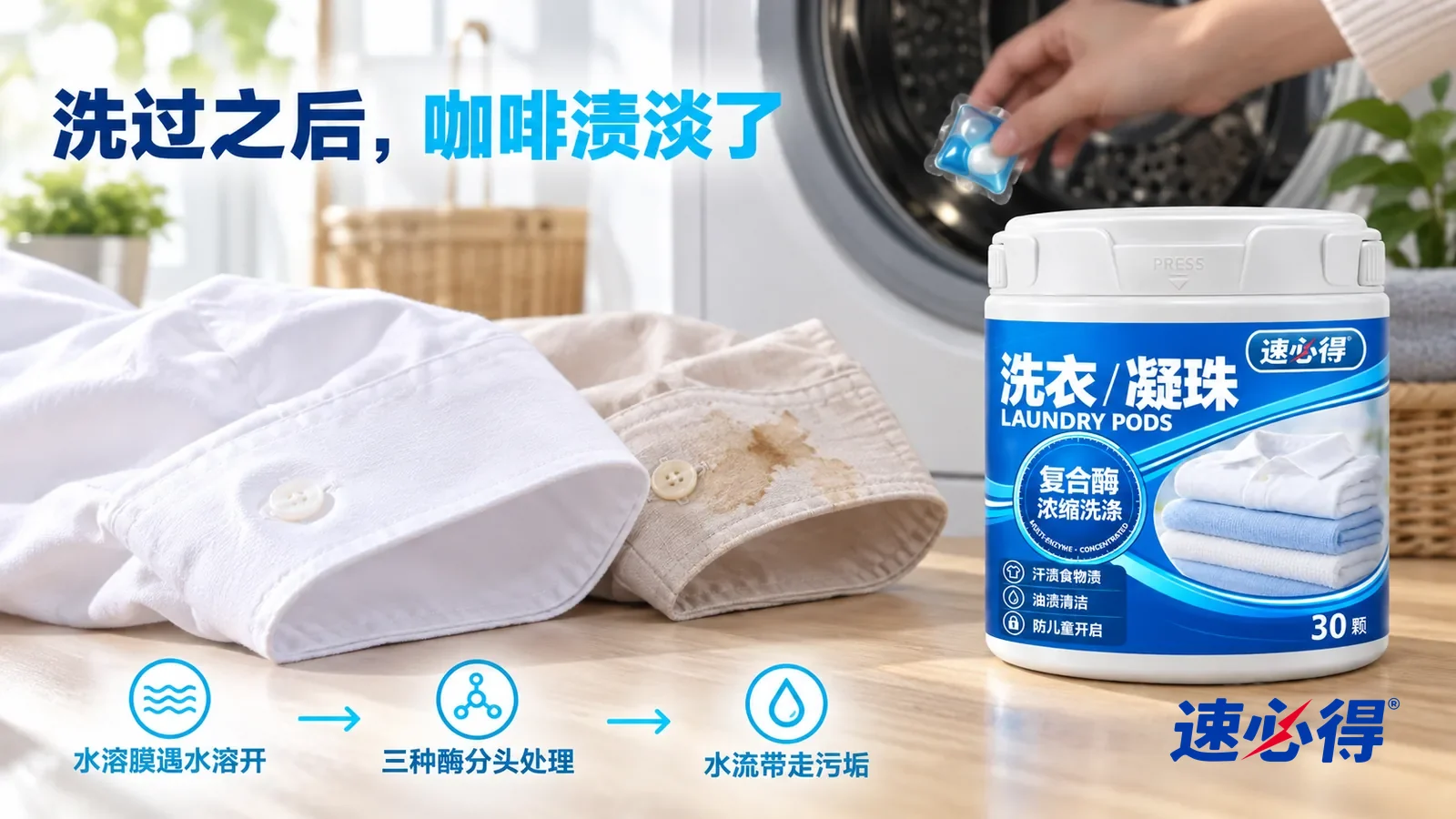 示意图：速必得洗衣凝珠——棉布洁白柔软、织纹清楚，旁边一件还没洗的衣物袖口带着一点淡褐色咖啡渍