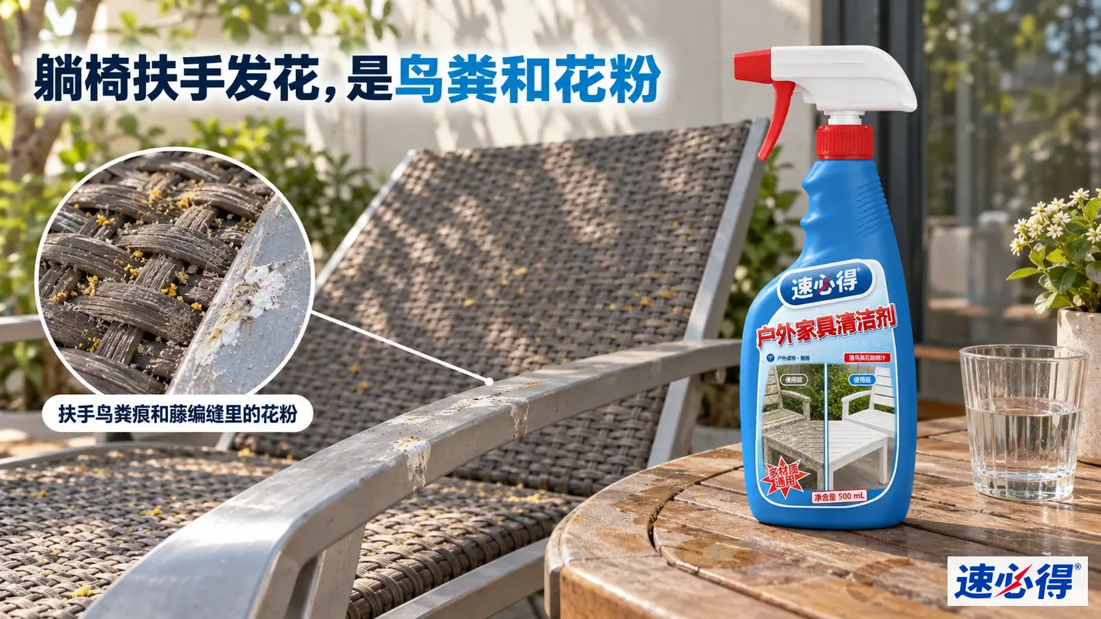 示意图：编织躺椅扶手上的浅色鸟粪和花粉污迹，旁有蓝色喷瓶。