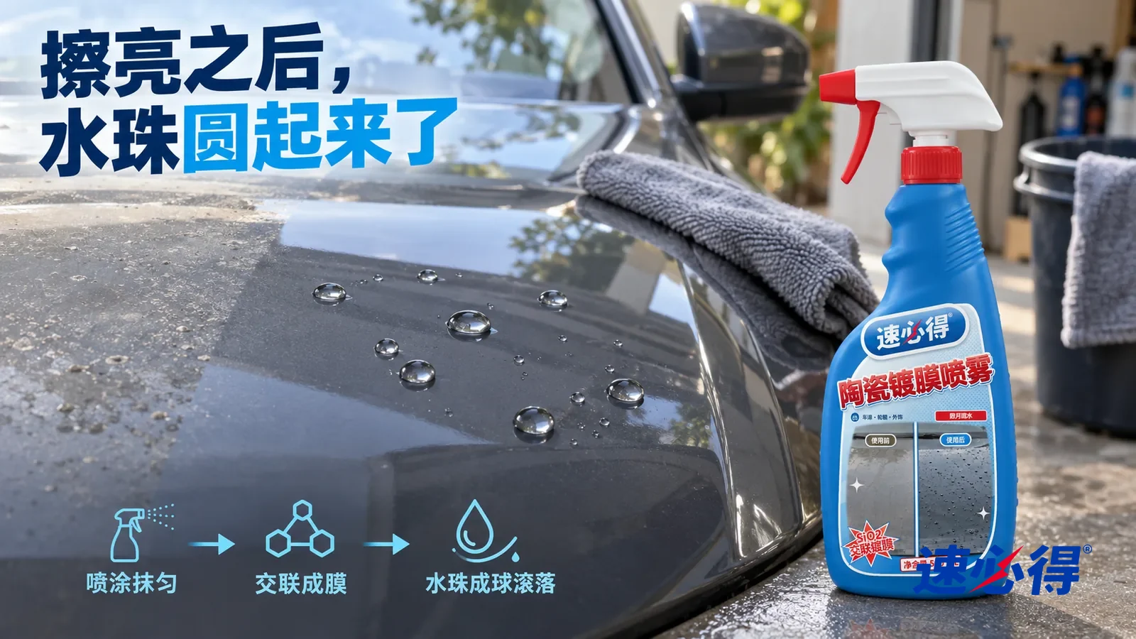 示意图：速必得陶瓷镀膜喷雾——一条干的灰色微纤维毛巾刚擦过一道，擦过的地方光泽深而均匀，几颗圆水珠贴在漆面上，旁边还留着一点发闷的旧表面