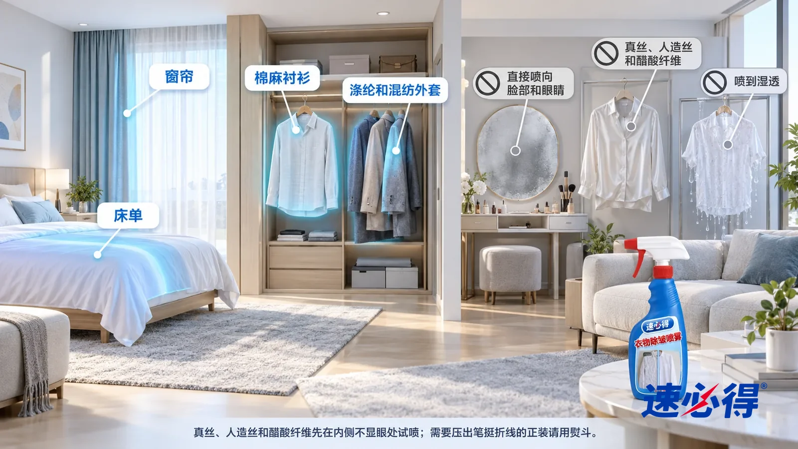 示意图:速必得衣物除皱喷雾——一张写实 3D 剖面实景图,一套明亮的家的卧室、衣帽间和客厅区域,连续空间、一个视角,不出现瓶子:棉麻衬衫、混纺外套