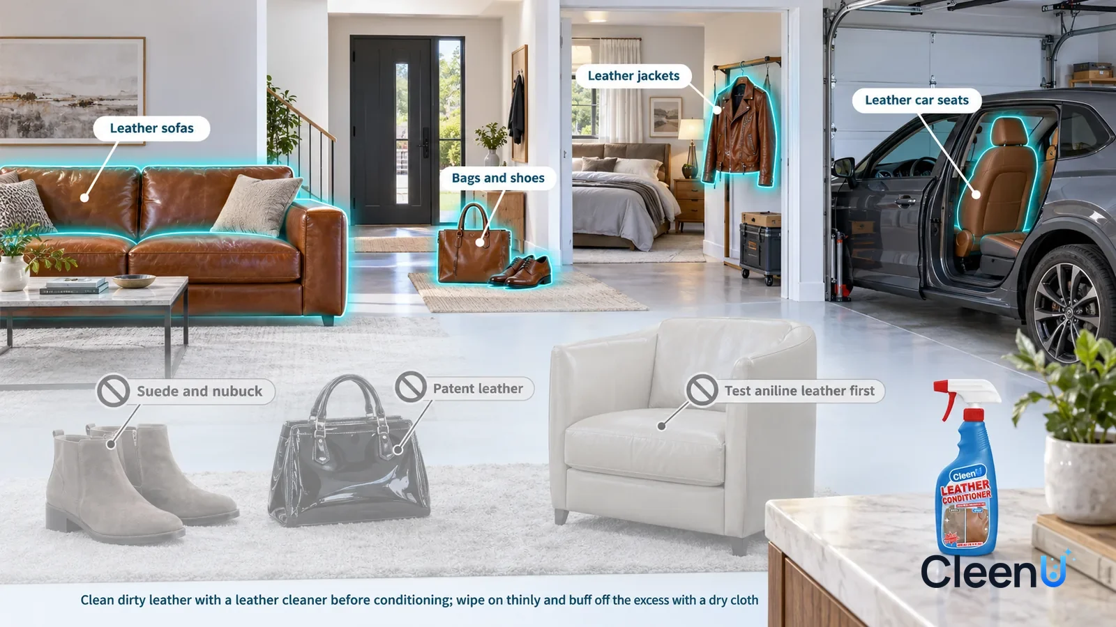 Illustration: CleenU Leather Conditioner — A realistic 3D cutaway of a bright home's living room, entryway, bedroom, and garage, one continuous space from one viewpoint