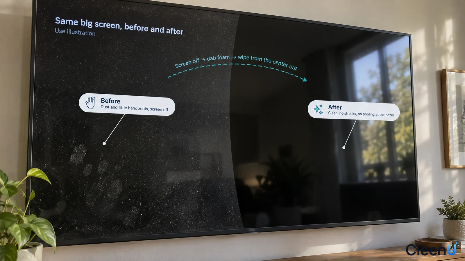 Illustration: Fingerprints and dust beside a clearer area on a black television screen; not a measured cleaning test.