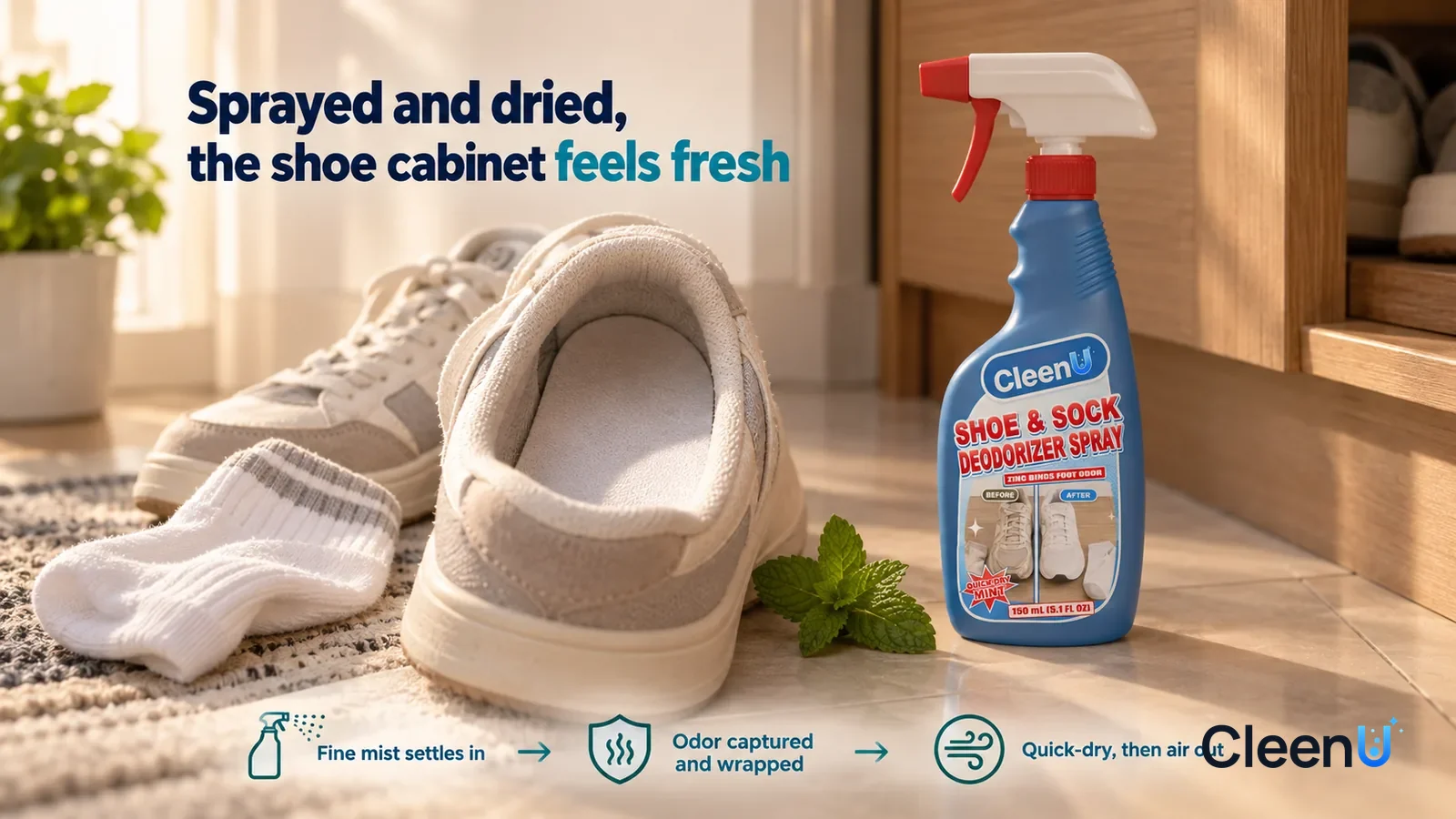 Illustration: CleenU Shoe & Sock Deodorizer Spray — the insole flat, dry, and light, a ray of morning light from the window falling into the shoe, a small sprig of fresh mint beside it