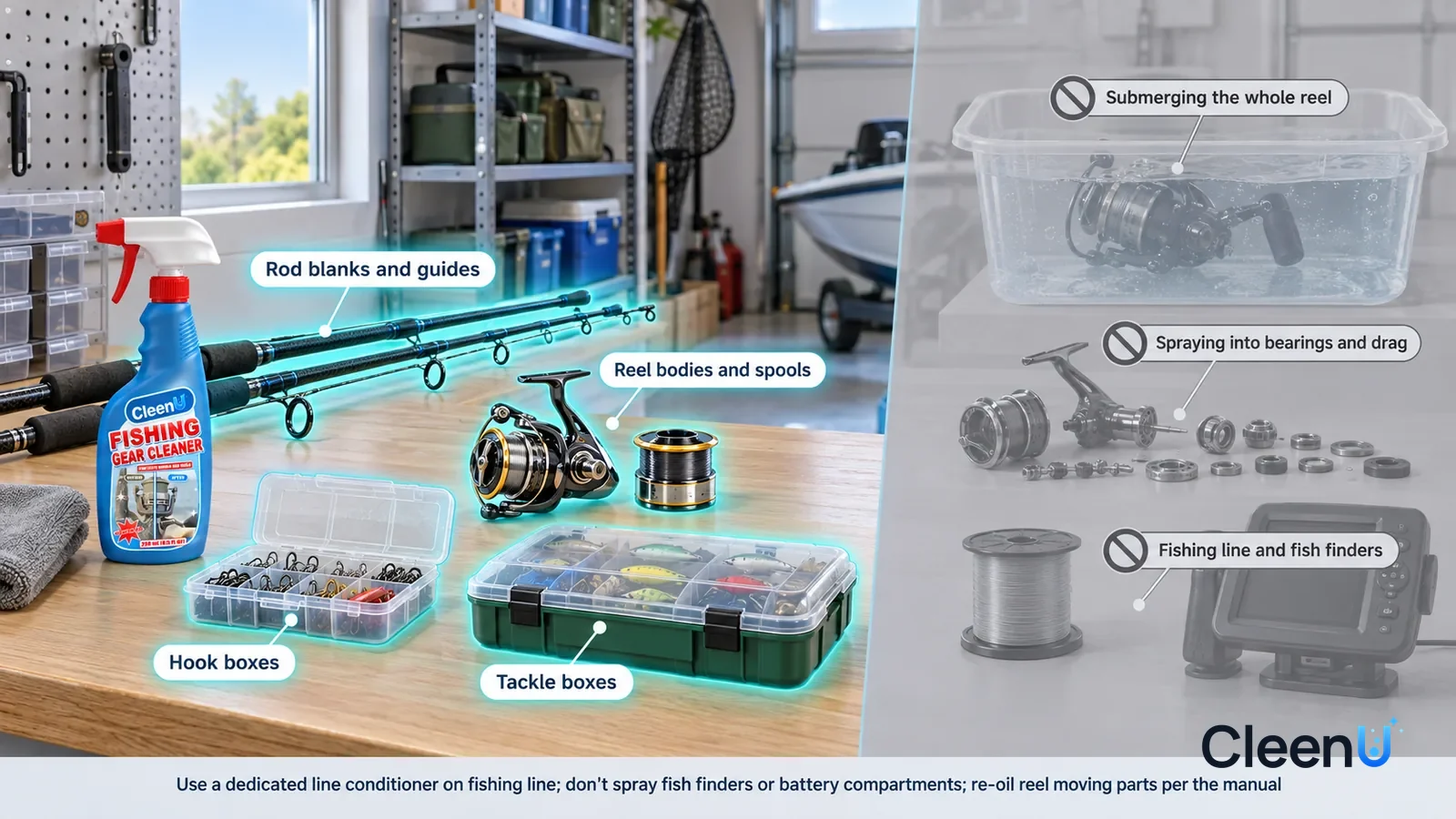 Illustration: CleenU Fishing Gear Cleaner — A realistic 3D cutaway of a bright home's garage and storage room, one continuous space from one viewpoint: rod blanks and guides