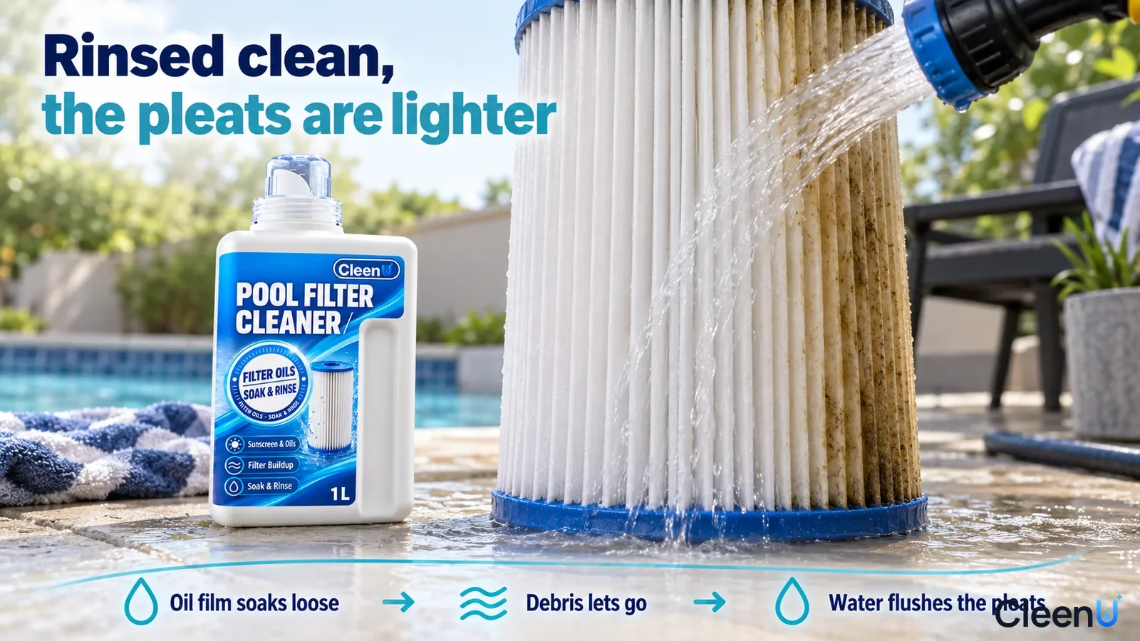 Illustration: Water rinsing yellow marks from a pleated cartridge beside a white cleaner bottle.