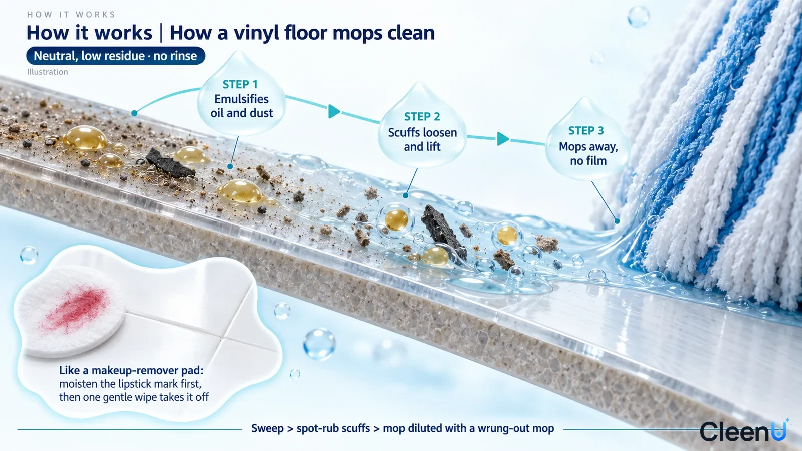 Illustration: A vinyl-floor cross-section with dark particles, drops and blue mop fibers.