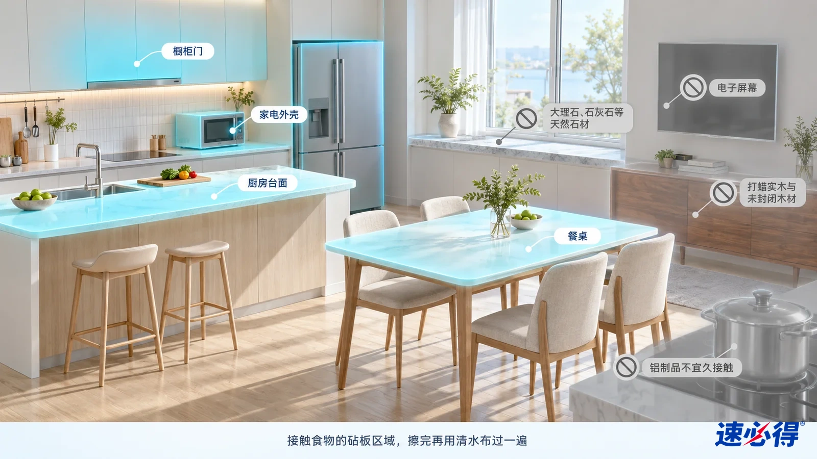 厨房餐厅剖面示意图标出橱柜门、台面和餐桌,旁边列有表面使用注意事项图标。
