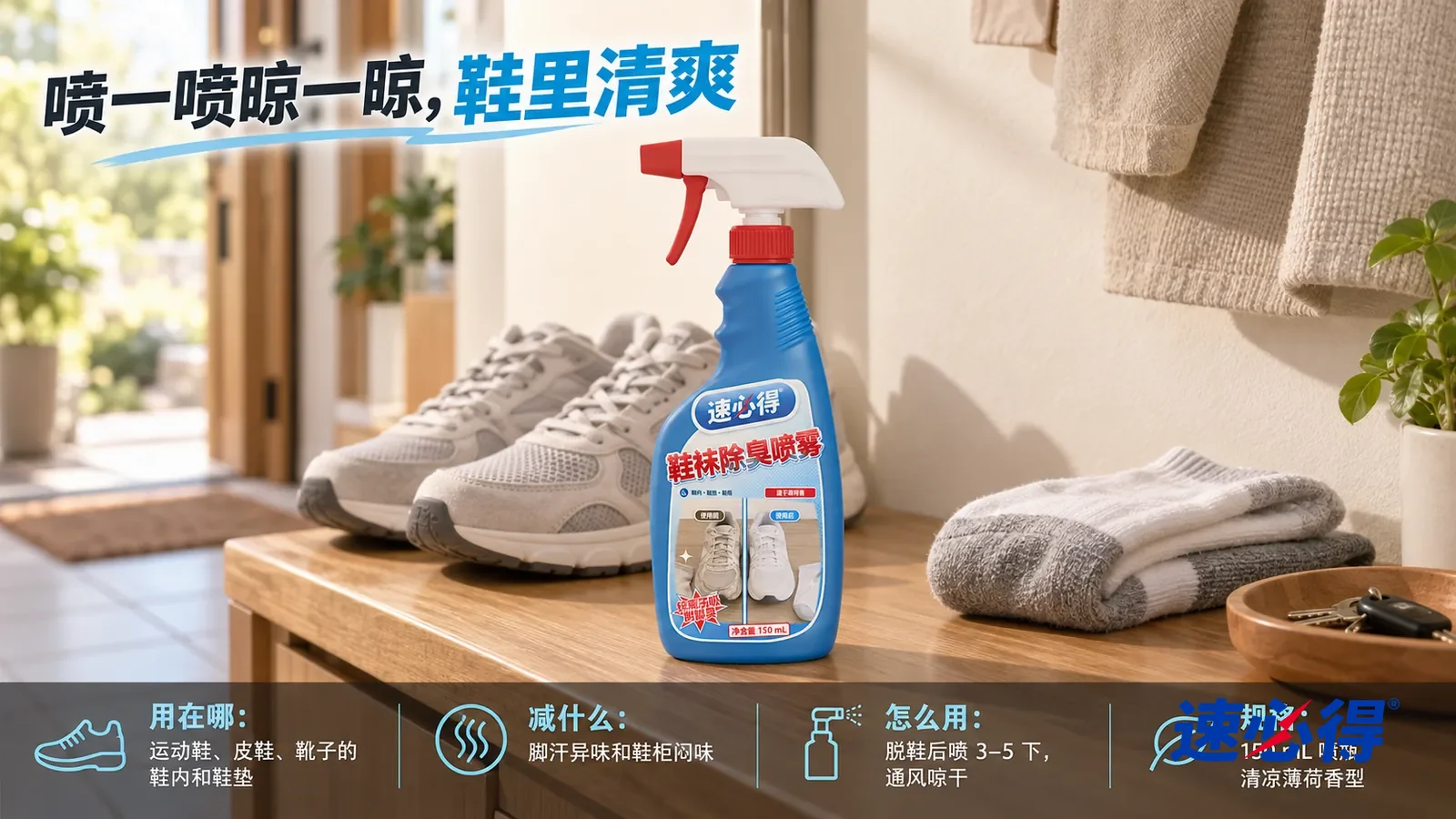 示意图：速必得鞋袜除臭喷雾居中站在玄关木质鞋凳上，旁边一双叠好的干净袜子，身后一双干爽的浅灰色运动鞋（无品牌标志）和开着窗的玄关向画面深处柔和虚化