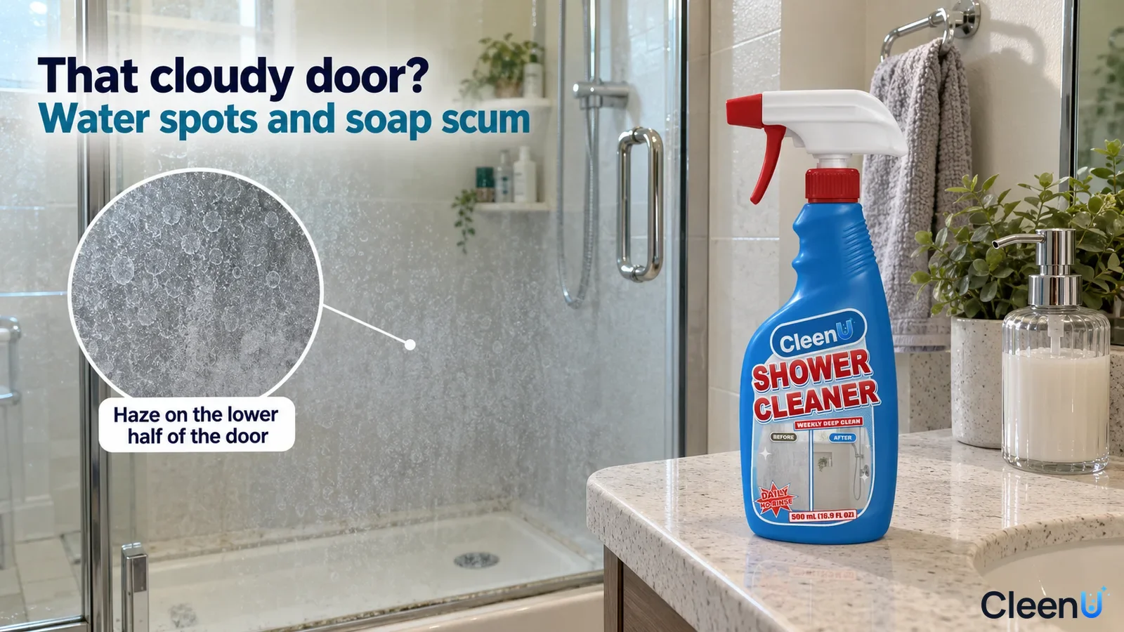 Illustration: White water spots and soap residue on lower shower glass beside a blue bottle on a bathroom counter.
