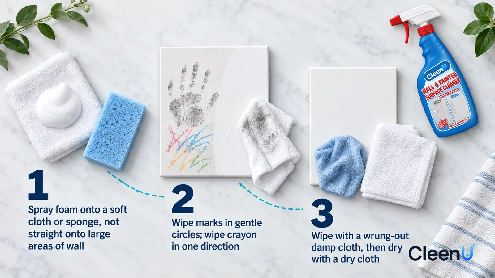 Illustration: CleenU Wall & Painted Surface Cleaner — an overhead shot straight down onto a light marble tabletop, no bottle and no hands: (1) a folded white soft cloth topped with a dollop of f