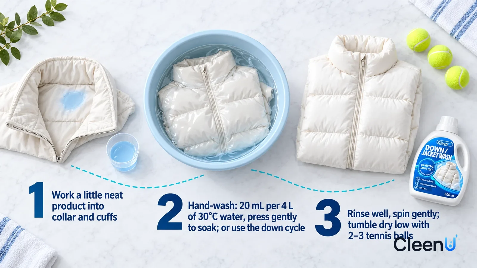 Illustration: CleenU Down Jacket Wash — an overhead shot straight down onto a light marble tabletop, no hands: (1) the collar of a light-colored down jacket folded open and laid fl
