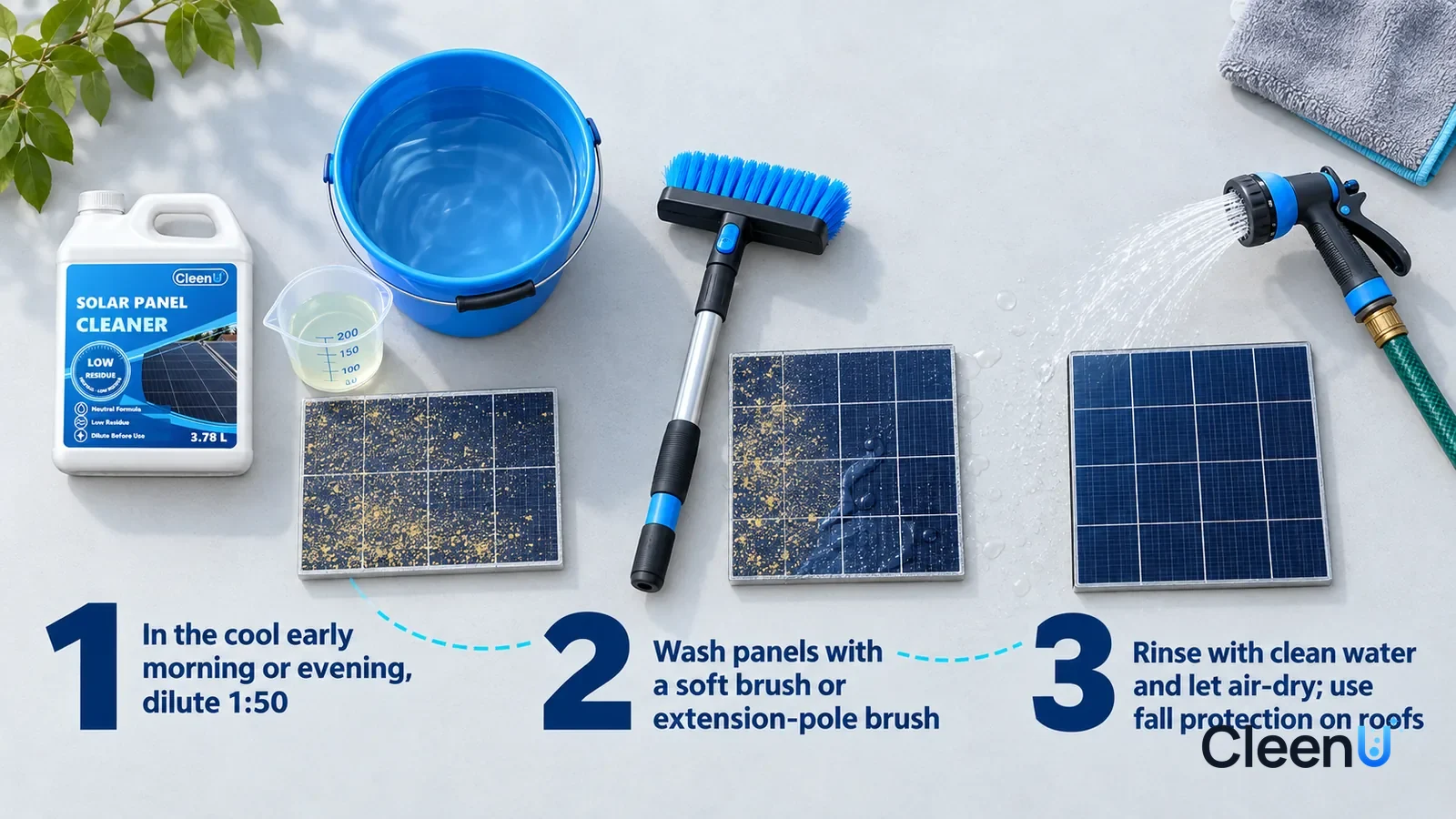 Illustration: CleenU Solar Panel Cleaner — use one backyard with waist-high ground-mounted panels, dark-blue cells and silver grid lines