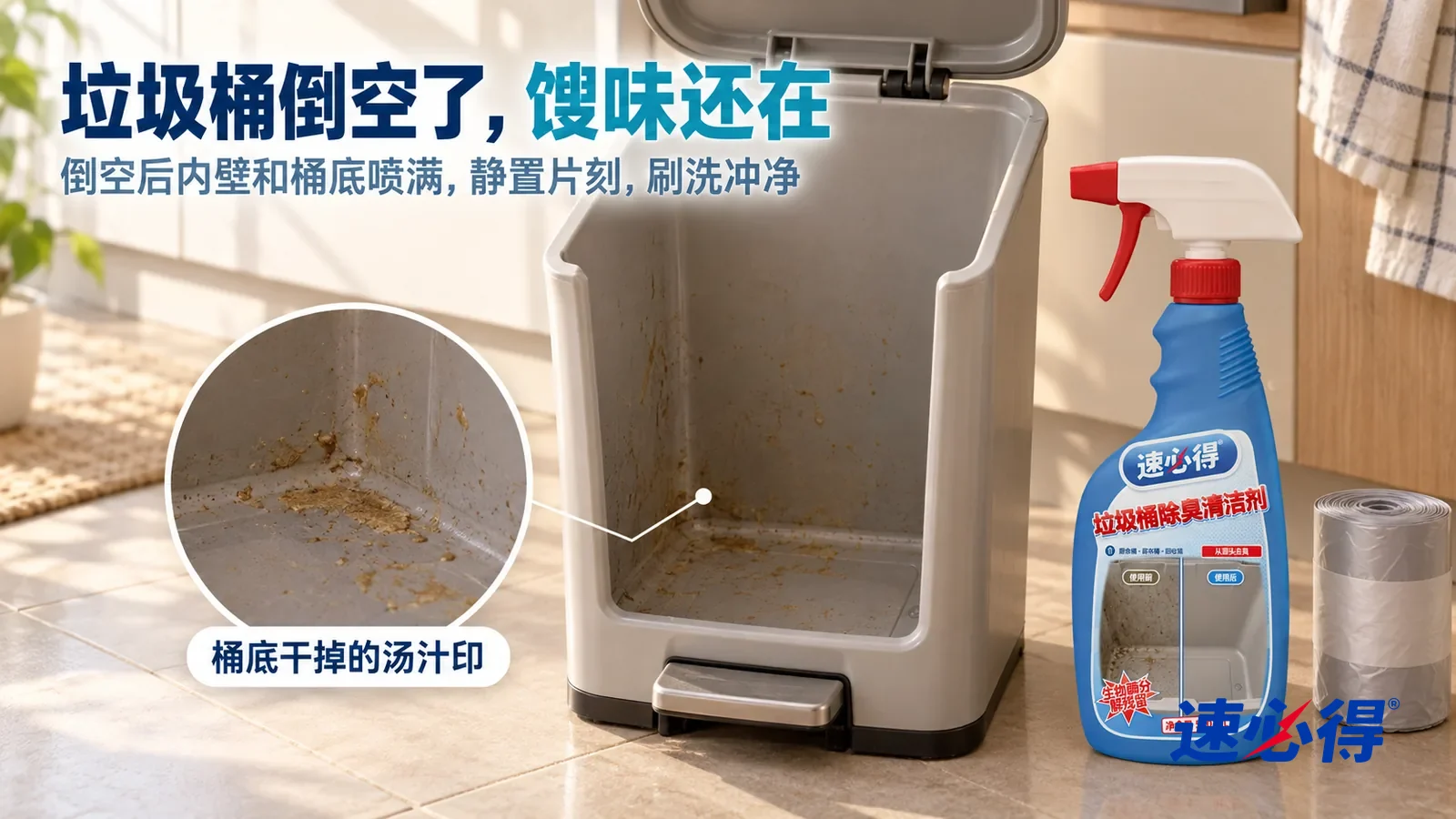 示意图：速必得垃圾桶除臭清洁剂——一个家常厨房，午后侧光从窗户斜照进来，一只浅灰色脚踏垃圾桶开着盖子，垃圾袋已经取走，桶里空着，标题“垃圾桶倒空了，馊味还在”