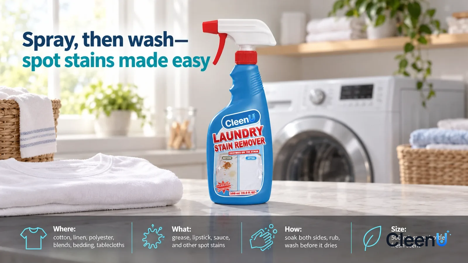 Illustration: CleenU Laundry Stain Remover stands centered on a laundry-room counter, a folded clean white T-shirt beside it