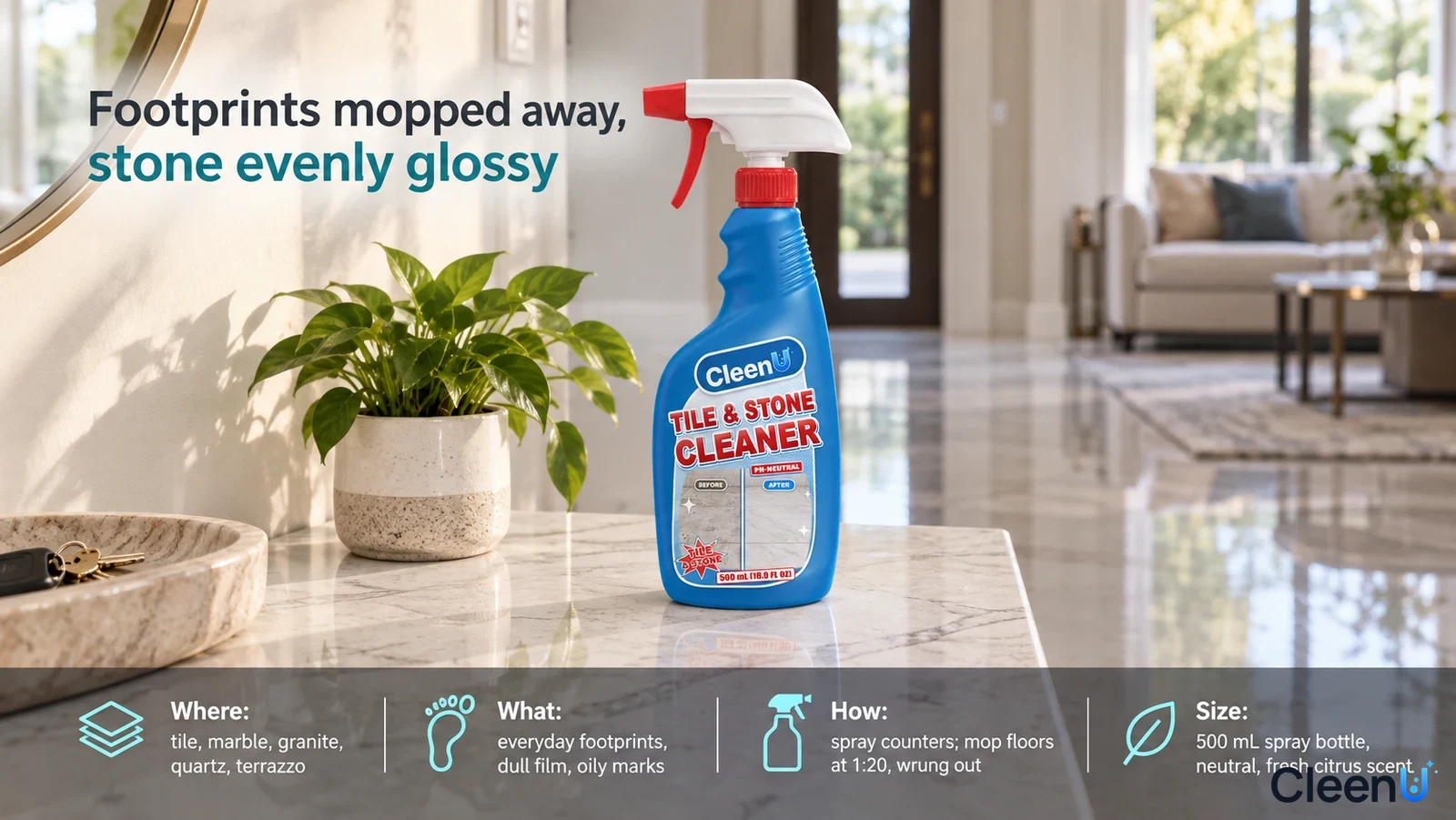 Illustration: A blue bottle on a reflective stone counter with a stone floor and plant behind.