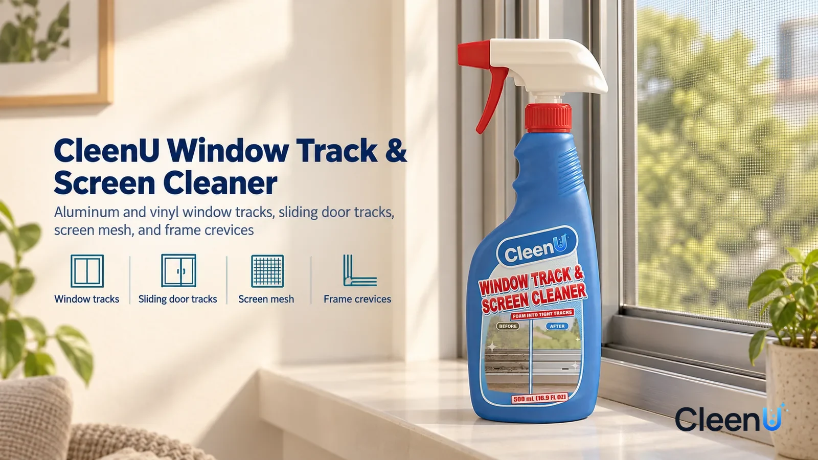 Illustration: CleenU Window Track & Screen Cleaner — A bright, airy living room, a clean aluminum sliding window seen from inside, its track showing silver-grey metal, the screen clear