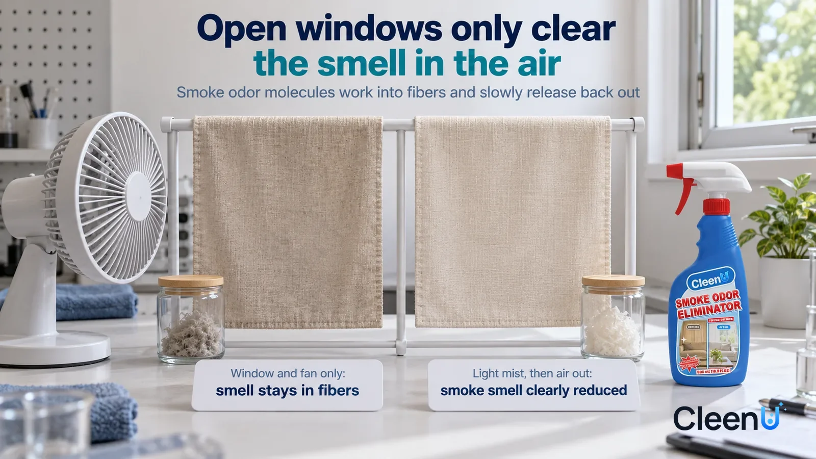 Illustration: CleenU Smoke Odor Eliminator — A landscape medium close-up of a small experiment in a cleaning lab: a small drying rack on a white test bench with two identical beige curt Headline: "Ope