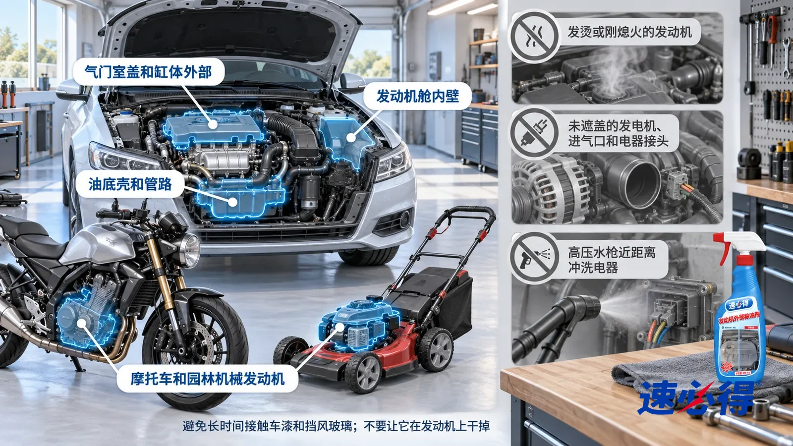 示意图：速必得发动机外部除油剂——一张写实 3D 剖面实景图，一个明亮的家用车库和工具间，连续空间、一个视角，不出现瓶子：家用轿车（无车标、无车牌号码）的气门室盖和缸体外部