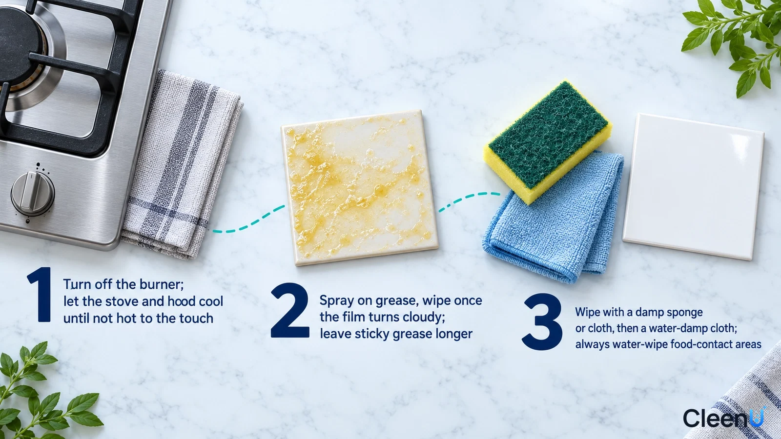 Illustration: A stovetop, greasy tile samples, sponge and blue cloth with numbered steps.