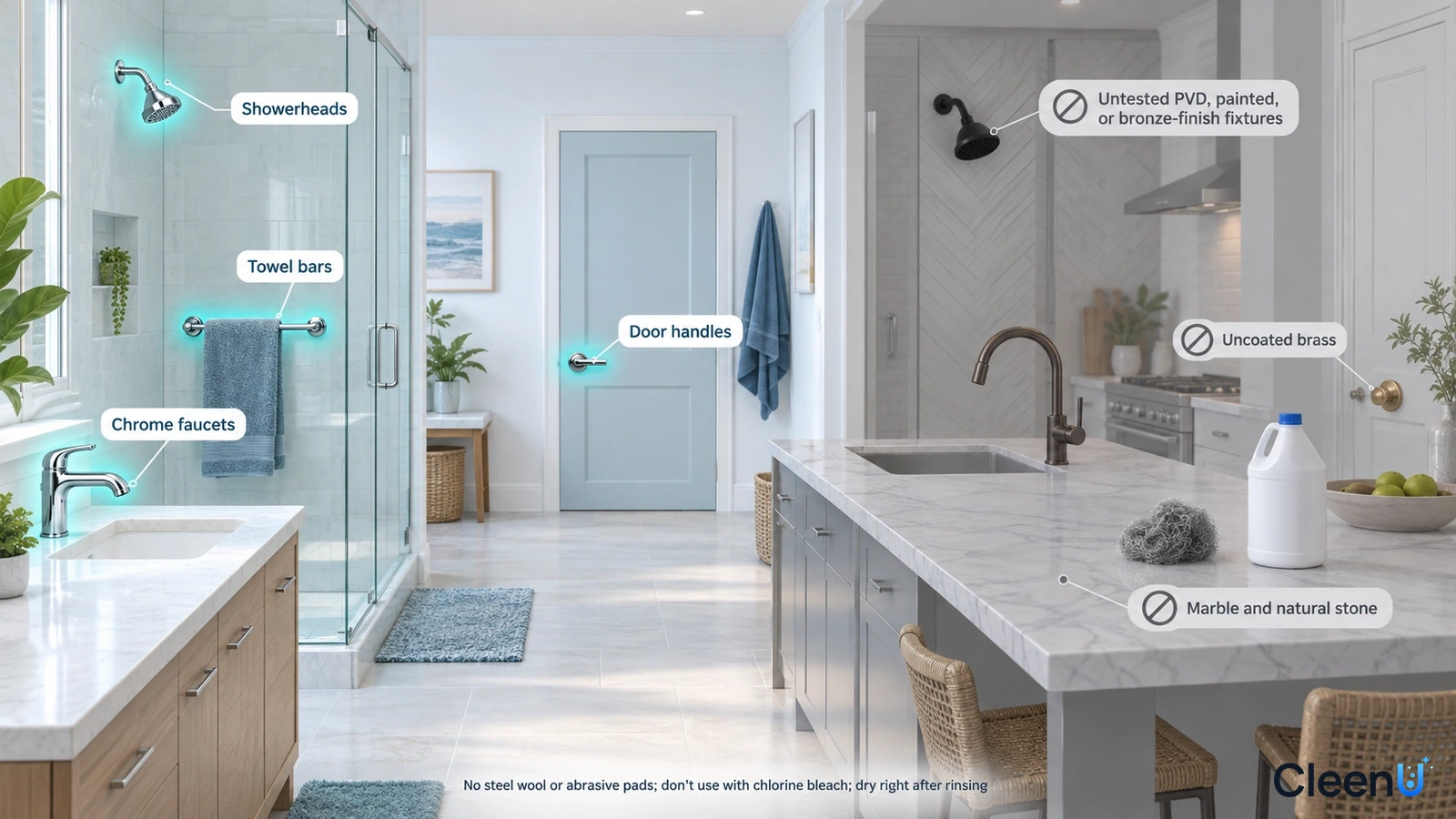 Illustration: Highlighted bathroom faucets, shower heads and metal fittings beside material precaution icons.
