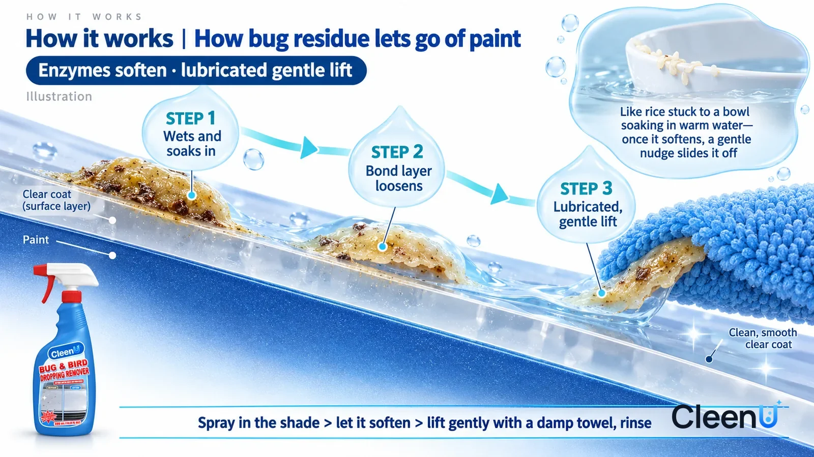 Illustration: CleenU Bug & Bird Dropping Remover — an enormously magnified cross-section of car paint runs diagonally from upper left to lower right, a clear coat on top; on the left