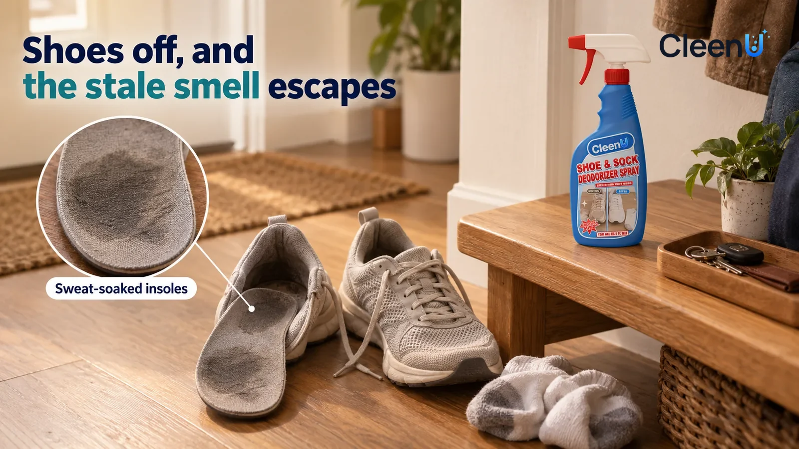 Illustration: CleenU Shoe & Sock Deodorizer Spray — A home entryway, a pair of just-removed light grey sneakers (no brand marks) on the wood floor, openings wide