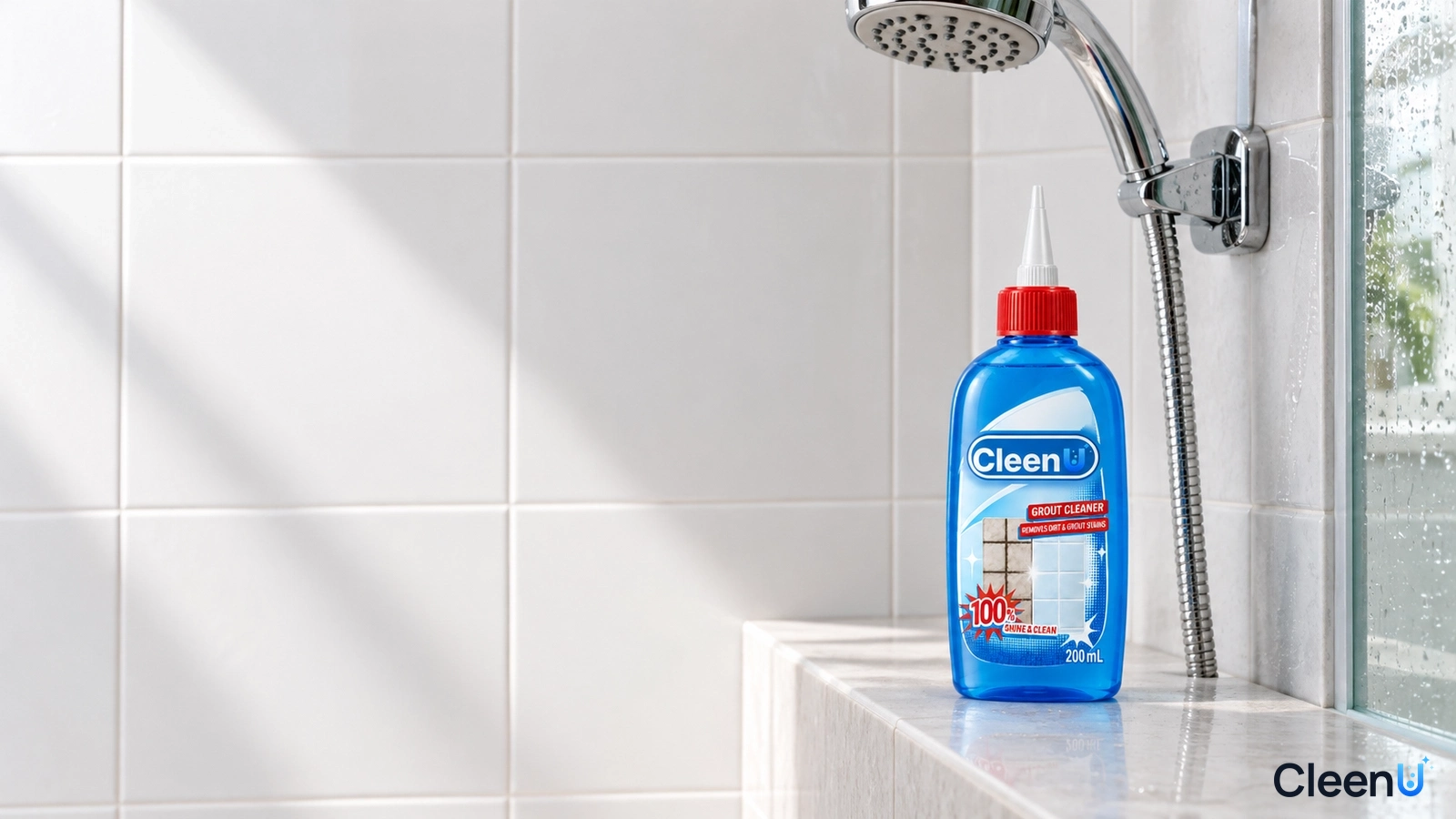 Illustration: A blue pointed-nozzle bottle beside white wall tiles and a handheld shower head.