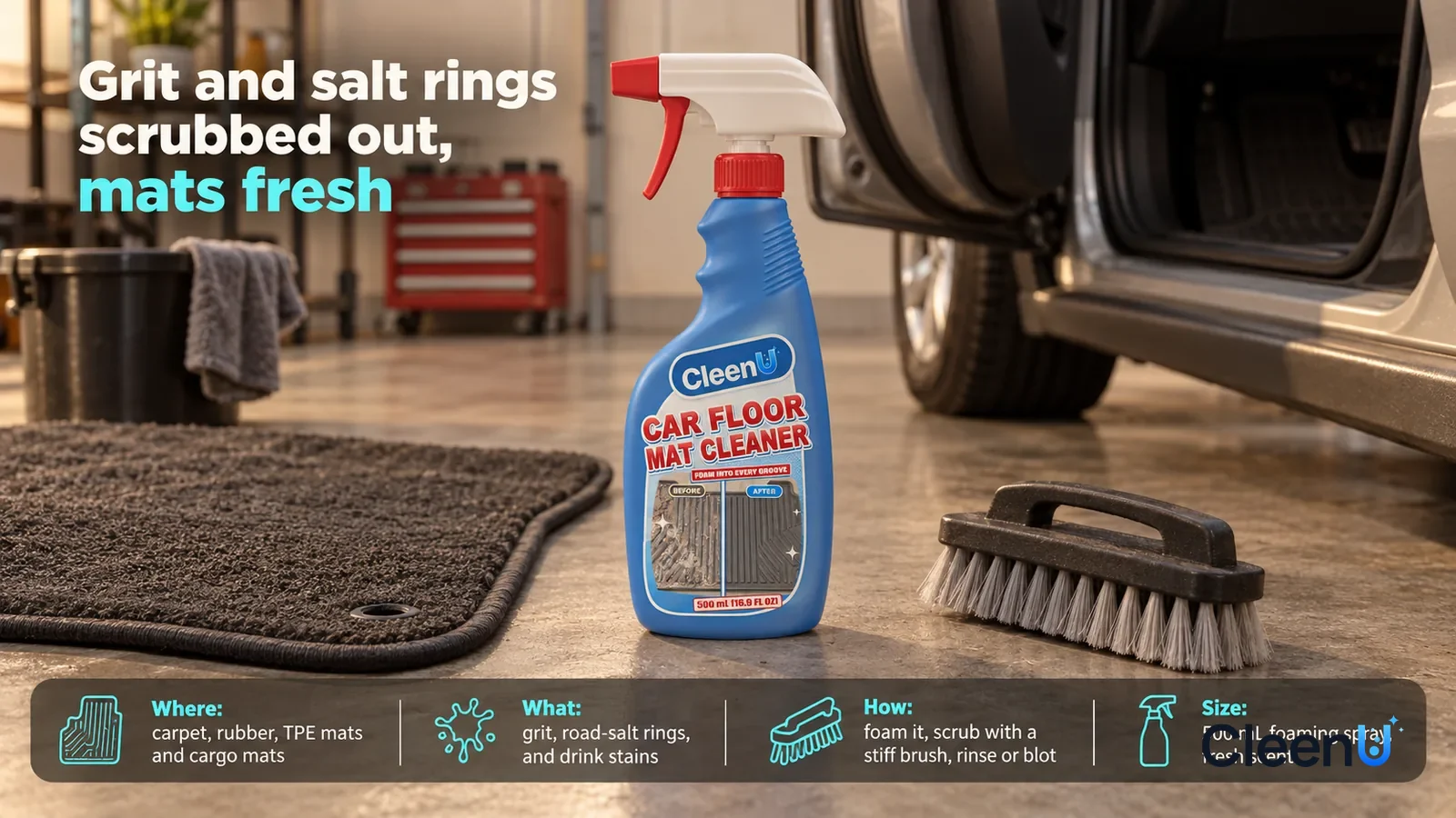 Illustration: CleenU Car Floor Mat Cleaner stands centered on a concrete garage floor, a clean dark grey carpet mat and a stiff brush beside it