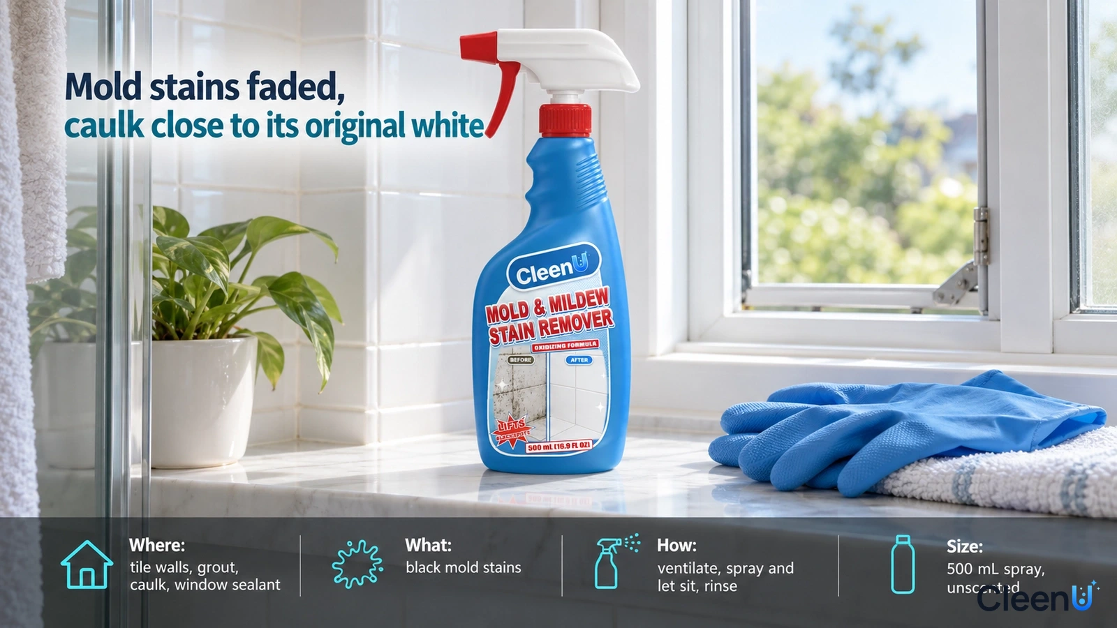 Illustration: A blue cleaner bottle, protective gloves and towel on a bathroom windowsill.