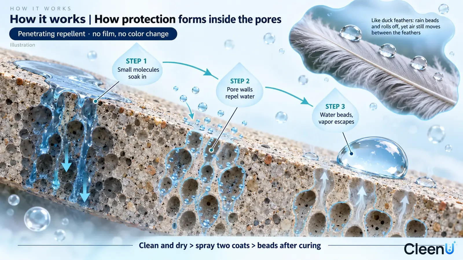 Illustration: A porous paver cross-section with blue protective regions and surface water beads.