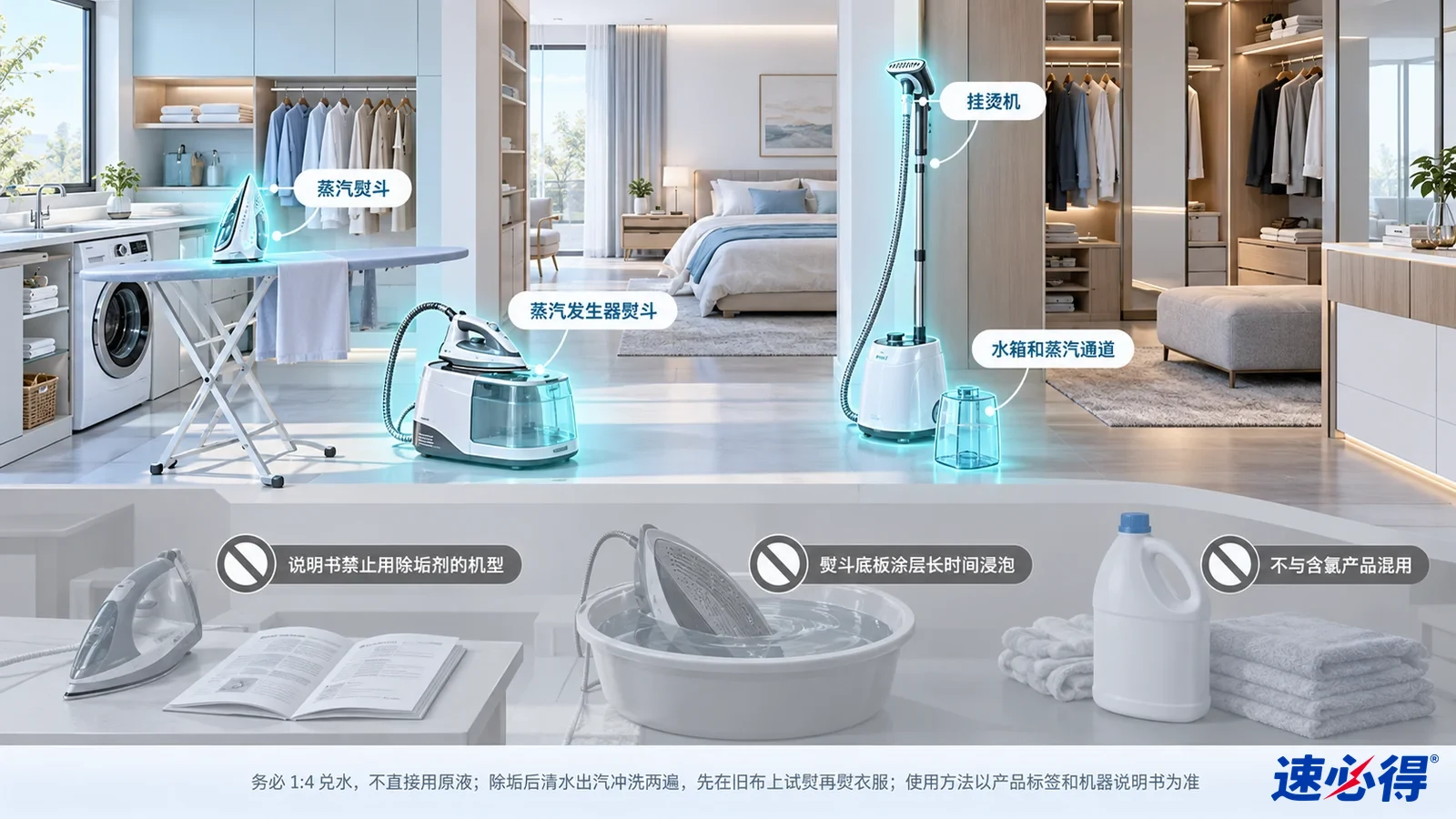 示意图:熨斗、挂烫机及蒸汽设备被突出显示,旁列设备适用注意事项。