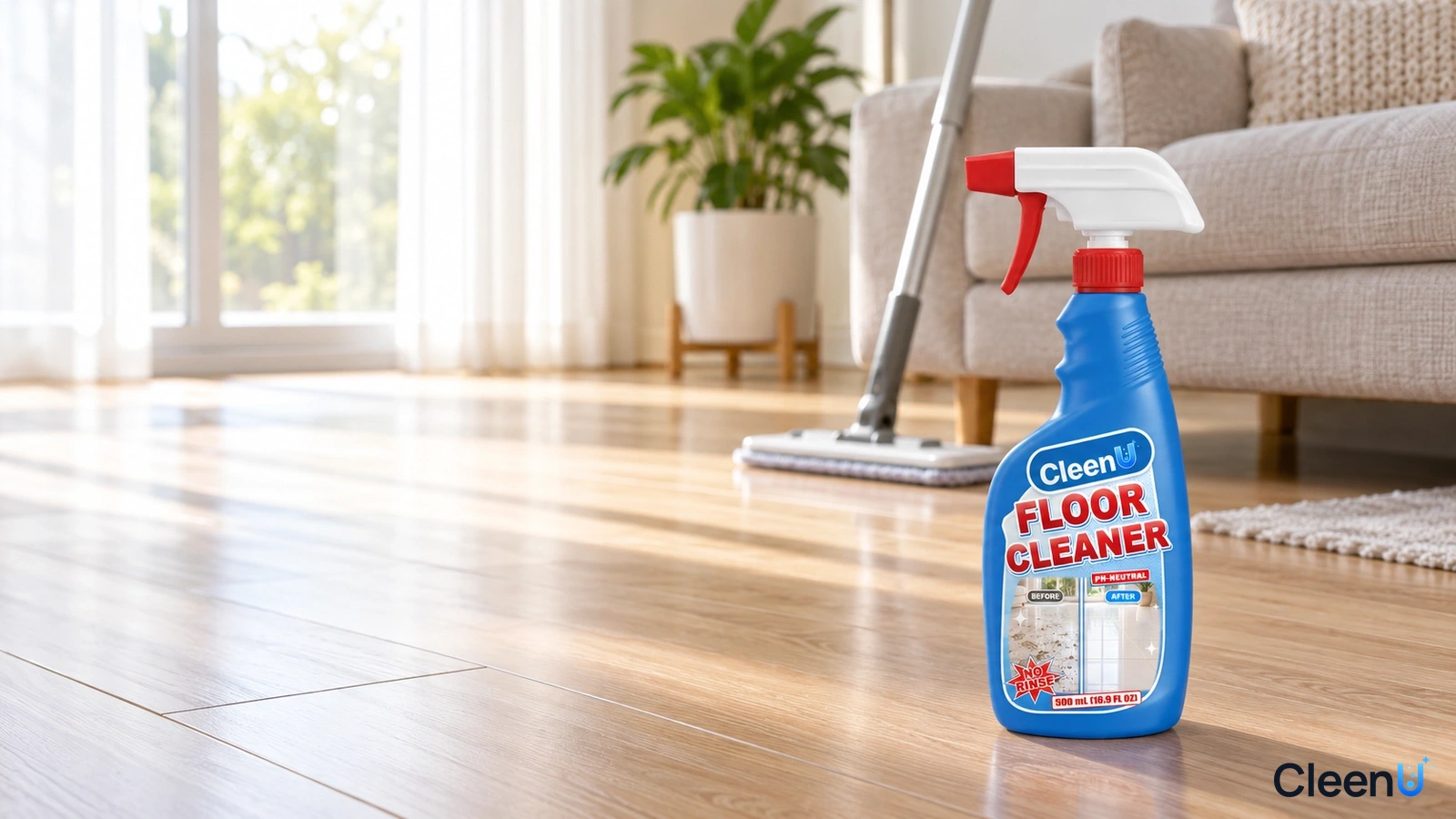 Illustration: A blue cleaner bottle on a sunlit wood-look floor with a sofa and mop behind it.