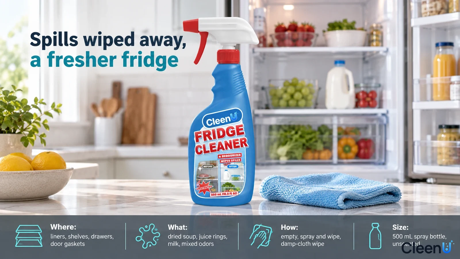 Illustration: A blue cleaner bottle and blue cloth in front of an open refrigerator containing food.
