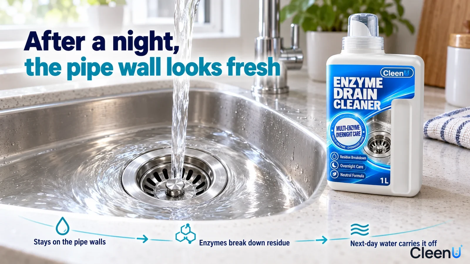 Illustration: Water flowing into a stainless steel kitchen-sink drain beside a white cleaner bottle.