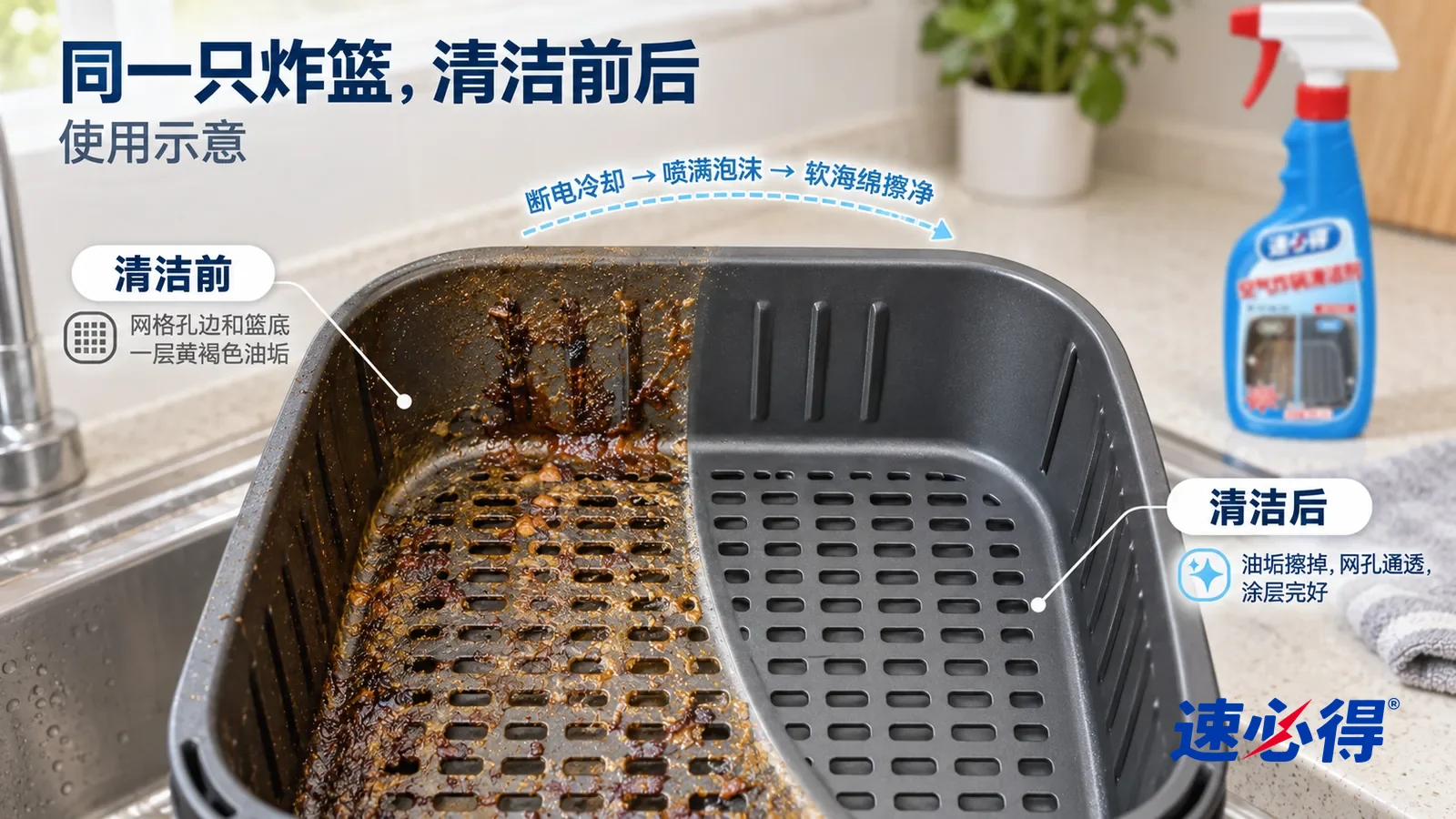 示意图:速必得空气炸锅清洁剂——整屏一只深灰色不粘炸篮俯视角的大近景,放在水槽边台面上,同一侧光,不出现瓶子:没处理的一半网格孔边和篮底一层黄褐色烤干油垢