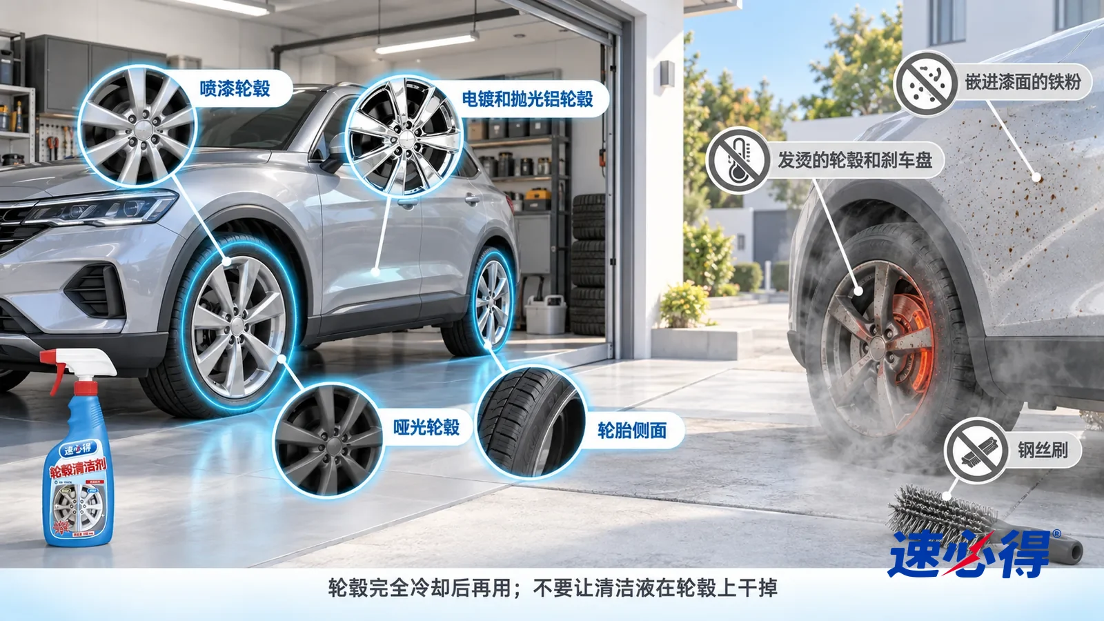 示意图：速必得轮毂清洁剂——一张写实 3D 剖面实景图，一个明亮的家用车库和门口车道，连续空间、一个视角，不出现瓶子：银色喷漆轮毂、电镀亮面轮毂